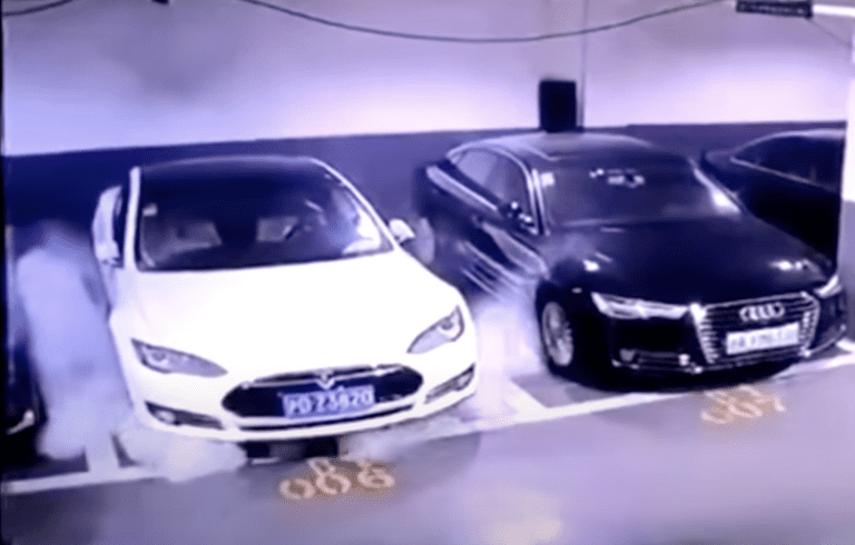 Tesla explodes on CCTV